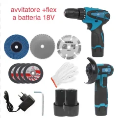 SET TRAPANO AVVITATORE + FLEX SMERIGLIATRICE ANGOLARE A BATTERIA 18V CON ACCESSORI