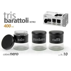 SET TRIS BARATTOLI SALE ZUCCHERO CAFFÈ METALLO IN VETRO 400ML NERO 9X10CM 816598