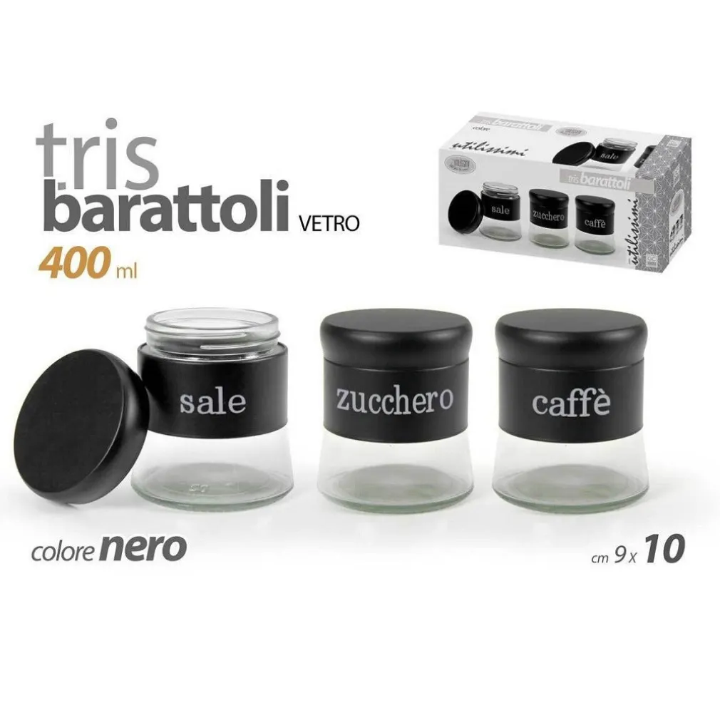 SET TRIS BARATTOLI SALE ZUCCHERO CAFFÈ METALLO IN VETRO 400ML NERO 9X10CM 816598