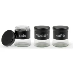SET TRIS BARATTOLI SALE ZUCCHERO CAFFÈ METALLO IN VETRO 400ML NERO 9X10CM 816598