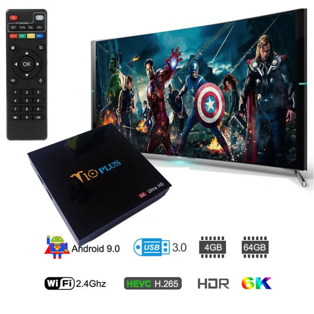 SMART TV BOX T10 PLUS ANDROID 9 4GB RAM 64GB 4K TV GPU 5 CORE QUAD WIFI