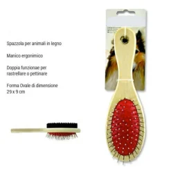 SPAZZOLA DOPPIA PER CANI ANIMALI GATTI RASTRELLA PETTINA 29X6 CM OVALE IN LEGNO