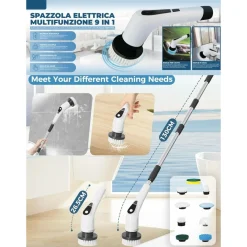 SPAZZOLA ROTANTE ELETTRICA MULTIFUNZIONE 9IN1 RICARICABILE SENZA FILI MANICO ESTENSIBILE