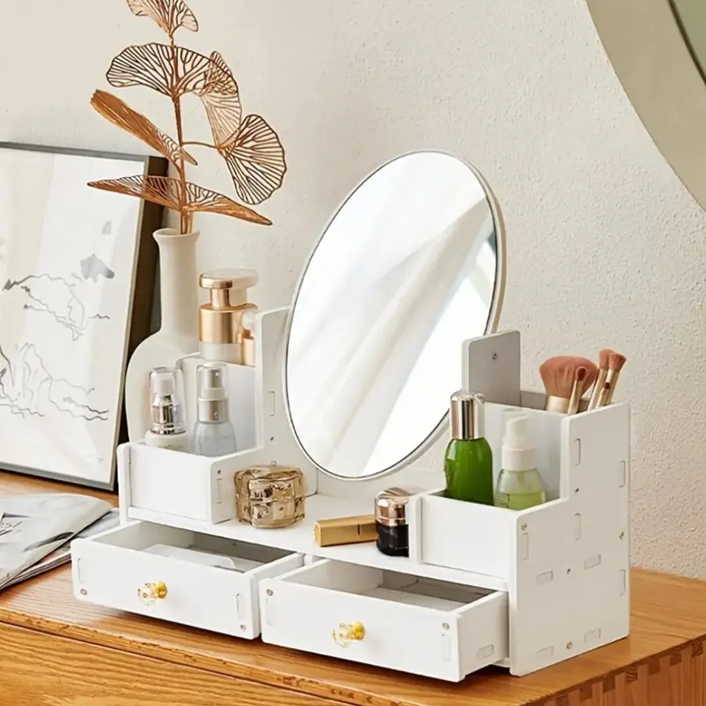 SPECCHIO TRUCCO CON CASSETTI IN LEGNO ORGANIZER GIOIELLI PENNELLI MONTAGGIO SU COMÒ