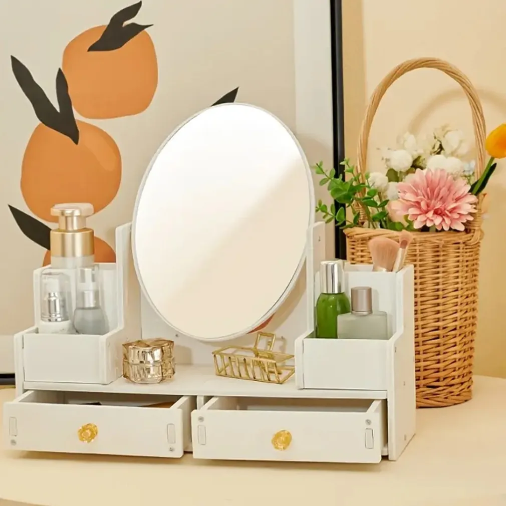 SPECCHIO TRUCCO CON CASSETTI IN LEGNO ORGANIZER GIOIELLI PENNELLI MONTAGGIO SU COMÒ