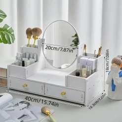 SPECCHIO TRUCCO CON CASSETTI IN LEGNO ORGANIZER GIOIELLI PENNELLI MONTAGGIO SU COMÒ