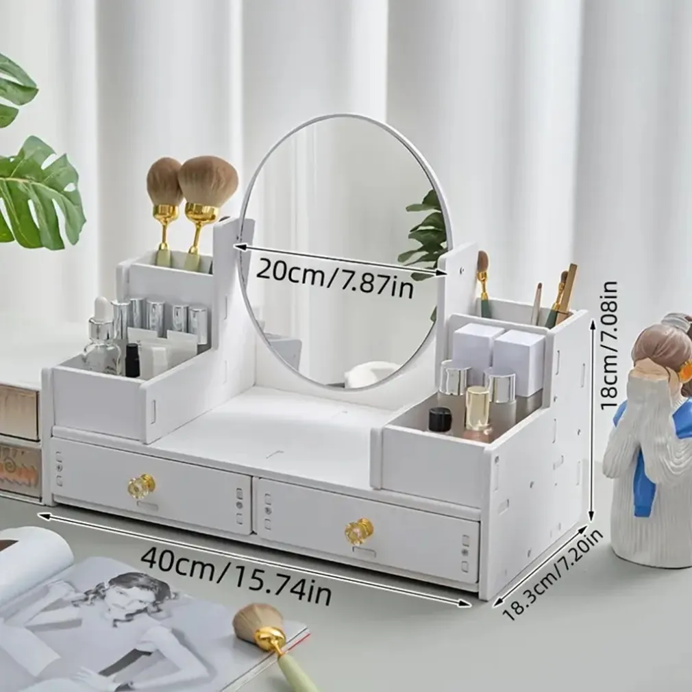 SPECCHIO TRUCCO CON CASSETTI IN LEGNO ORGANIZER GIOIELLI PENNELLI MONTAGGIO SU COMÒ