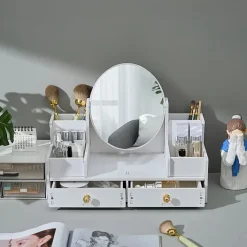 SPECCHIO TRUCCO CON CASSETTI IN LEGNO ORGANIZER GIOIELLI PENNELLI MONTAGGIO SU COMÒ