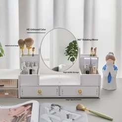 SPECCHIO TRUCCO CON CASSETTI IN LEGNO ORGANIZER GIOIELLI PENNELLI MONTAGGIO SU COMÒ