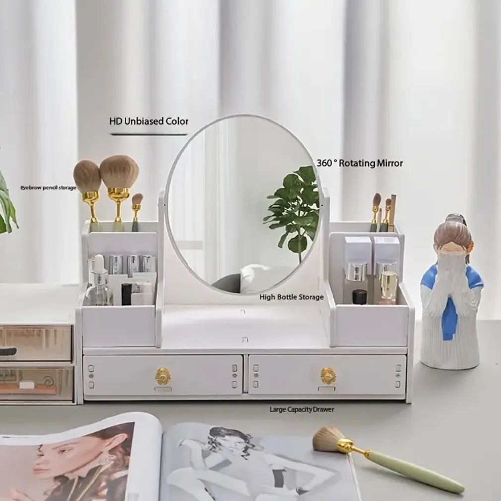 SPECCHIO TRUCCO CON CASSETTI IN LEGNO ORGANIZER GIOIELLI PENNELLI MONTAGGIO SU COMÒ