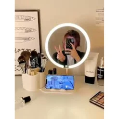 SPECCHIO TRUCCO DA TAVOLO CON LUCE LED CONTENITORE PORTAOGGETTI GIREVOLE PORTACELLULARE