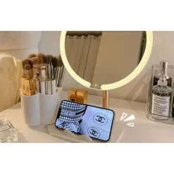 SPECCHIO TRUCCO DA TAVOLO CON LUCE LED CONTENITORE PORTAOGGETTI GIREVOLE PORTACELLULARE