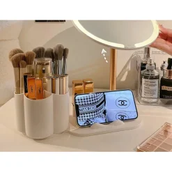 SPECCHIO TRUCCO DA TAVOLO CON LUCE LED CONTENITORE PORTAOGGETTI GIREVOLE PORTACELLULARE
