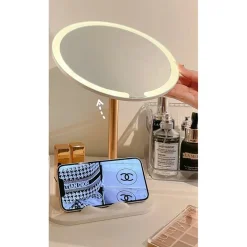 SPECCHIO TRUCCO DA TAVOLO CON LUCE LED CONTENITORE PORTAOGGETTI GIREVOLE PORTACELLULARE