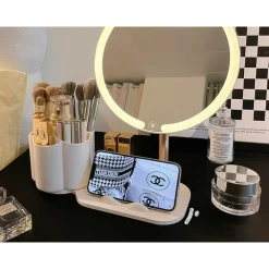SPECCHIO TRUCCO DA TAVOLO CON LUCE LED CONTENITORE PORTAOGGETTI GIREVOLE PORTACELLULARE