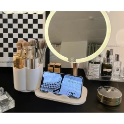SPECCHIO TRUCCO DA TAVOLO CON LUCE LED CONTENITORE PORTAOGGETTI GIREVOLE PORTACELLULARE