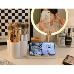 SPECCHIO TRUCCO DA TAVOLO CON LUCE LED CONTENITORE PORTAOGGETTI GIREVOLE PORTACELLULARE