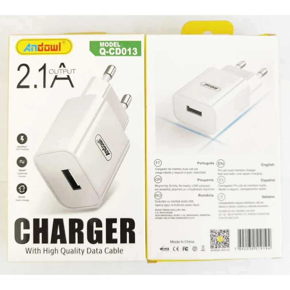 SPINA CARICABATTERIE USB SMARTPHONE 2.1A RICARICA VELOCE PER PRESA MURO Q-CD013