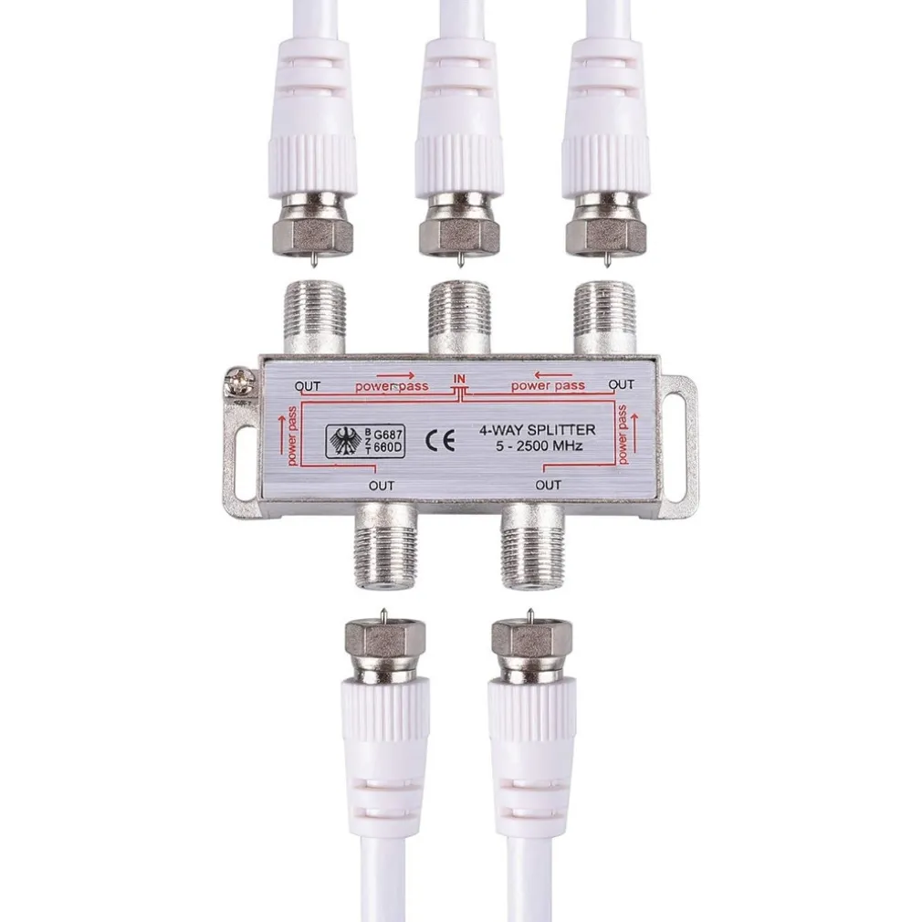 SPLITTER 5-2500MHZ 4 VIE CAVO CONNETTORE ADATTATORE ANTENNA TV SATELLITARE C-032