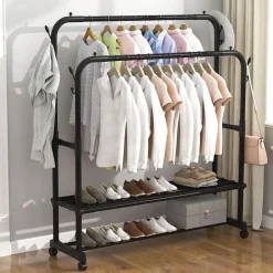 STAND APPENDIABITI ATTACCAPANNI ABITI STENDER BARRA DOPPIO CON RUOTE FRENO NERO