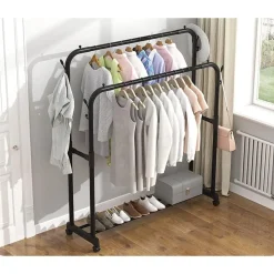 STAND APPENDIABITI ATTACCAPANNI ABITI STENDER BARRA DOPPIO CON RUOTE FRENO NERO