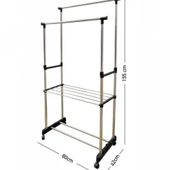 STAND APPENDIABITI DOPPIO CON RIPIANO BASE RUOTE ASTE TELESCOPICHE REGOLABILE