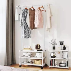 STAND APPENDIABITI IN METALLO CON RUOTE ATTACCAPANNI CON RIPIANI ASTA 56X35X165CM