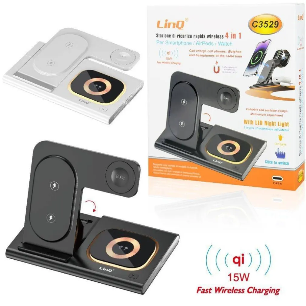 STAZIONE DI RICARICA WIRELESS VELOCE 4IN1 15W PER SMARTPHONE IPHONE WATCH C3529