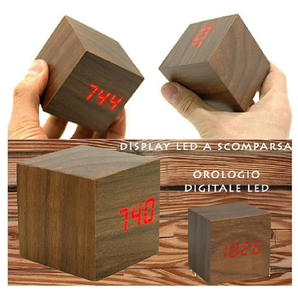 SVEGLIA OROLOGIO DIGITALE LED EFFETTO LEGNO CON SUONO ALLARME TEMPERATURA CUBO