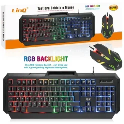 TASTIERA CABLATA + MOUSE USB CON FILO RETROILLUMINATA RGB LUCE GAMING PC MK7183