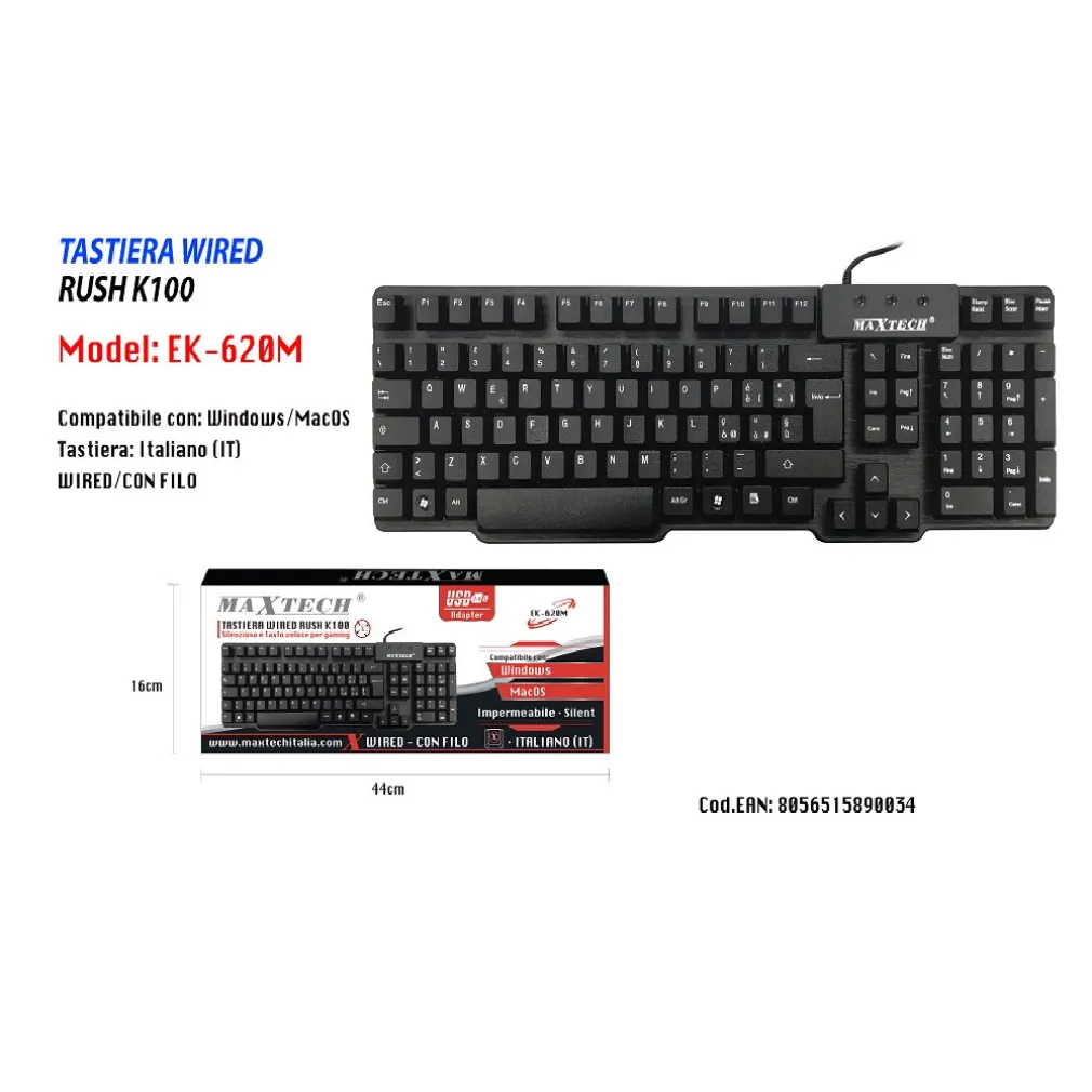TASTIERA LASER IMPERMEABILE MULTIMEDIALE CON FILO PER WINDOWS MACOS MAXTECH EK-620M