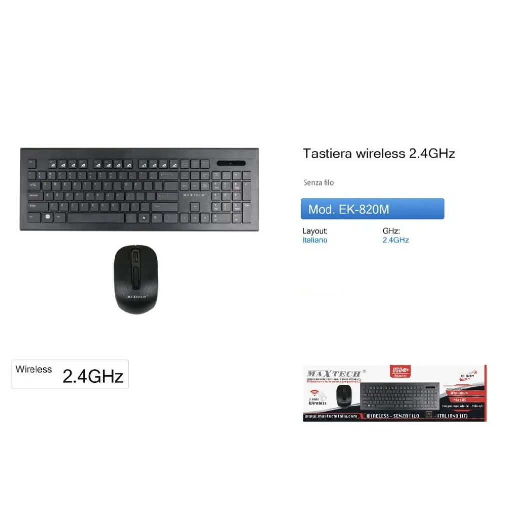 TASTIERA MOUSE WIFI WIRELESS IMPERMEABILE 2.4GHZ COMPUTER LAPTOP PC MAXTECH EK-820M