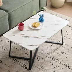 TAVOLINO RETTANGOLARE BASSO CON PIANO EFFETTO MARMO GAMBE INCROCIATE PER SOGGIORNO SALOTTO
