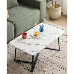TAVOLINO RETTANGOLARE BASSO CON PIANO EFFETTO MARMO GAMBE INCROCIATE PER SOGGIORNO SALOTTO