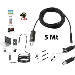 TELECAMERA ENDOSCOPICA 6 LED TUBO FLESSIBILE USB 5 MT IMPERMEABILE ISPEZIONE