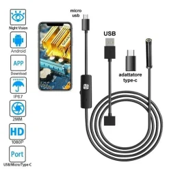 TELECAMERA ENDOSCOPICA 10 MT TYPE-C USB MINI USB F FLESSIBILE IMPERMEABILE 6 LED