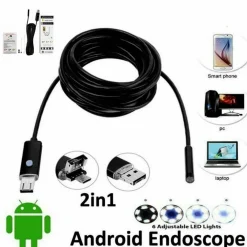 TELECAMERA ENDOSCOPICA 2 METRI TUBO FLESSIBILE USB 6 LED IMPERMEABILE ISPEZIONE