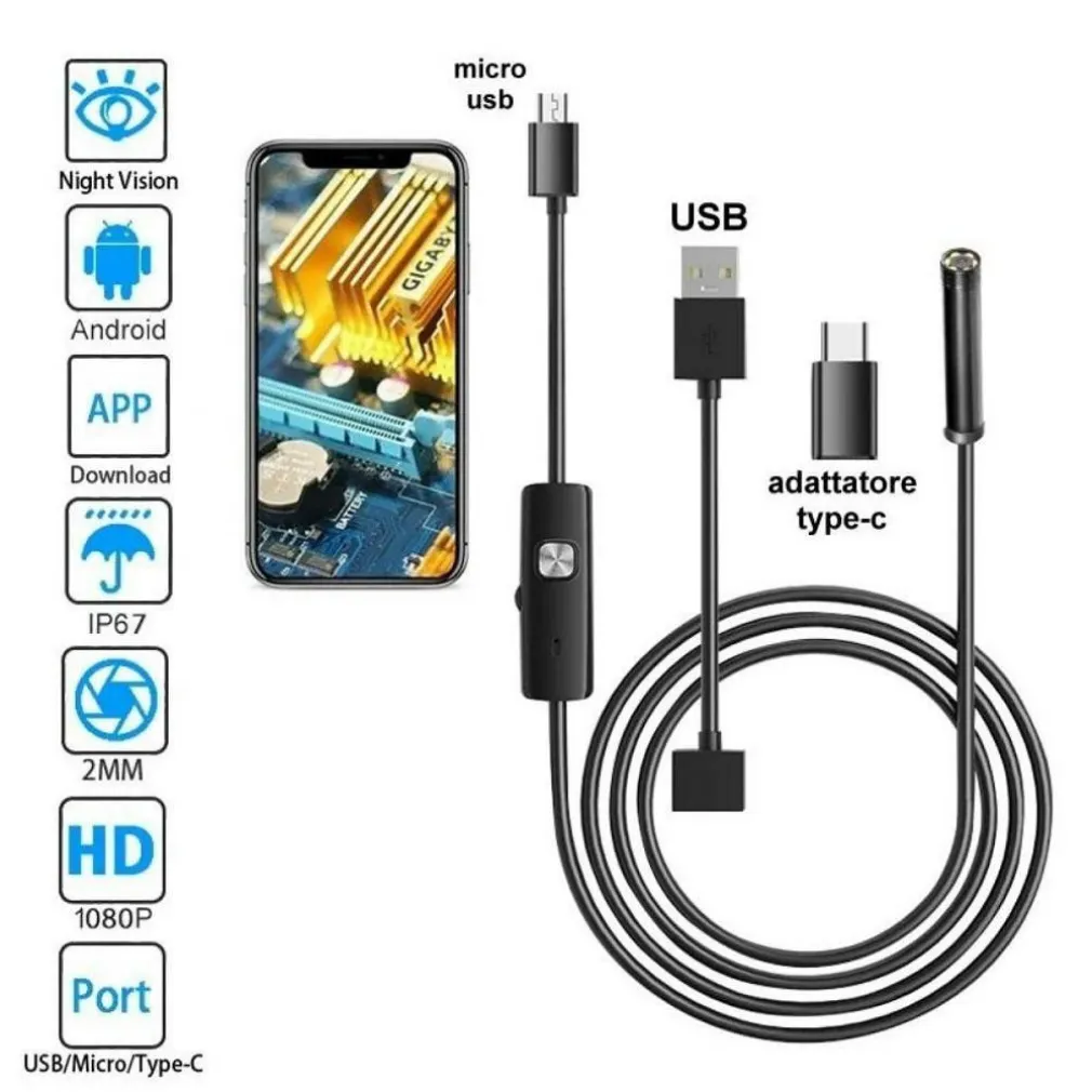 TELECAMERA ENDOSCOPICA 5 MT TYPE-C USB MINI USB F FLESSIBILE IMPERMEABILE 6 LED