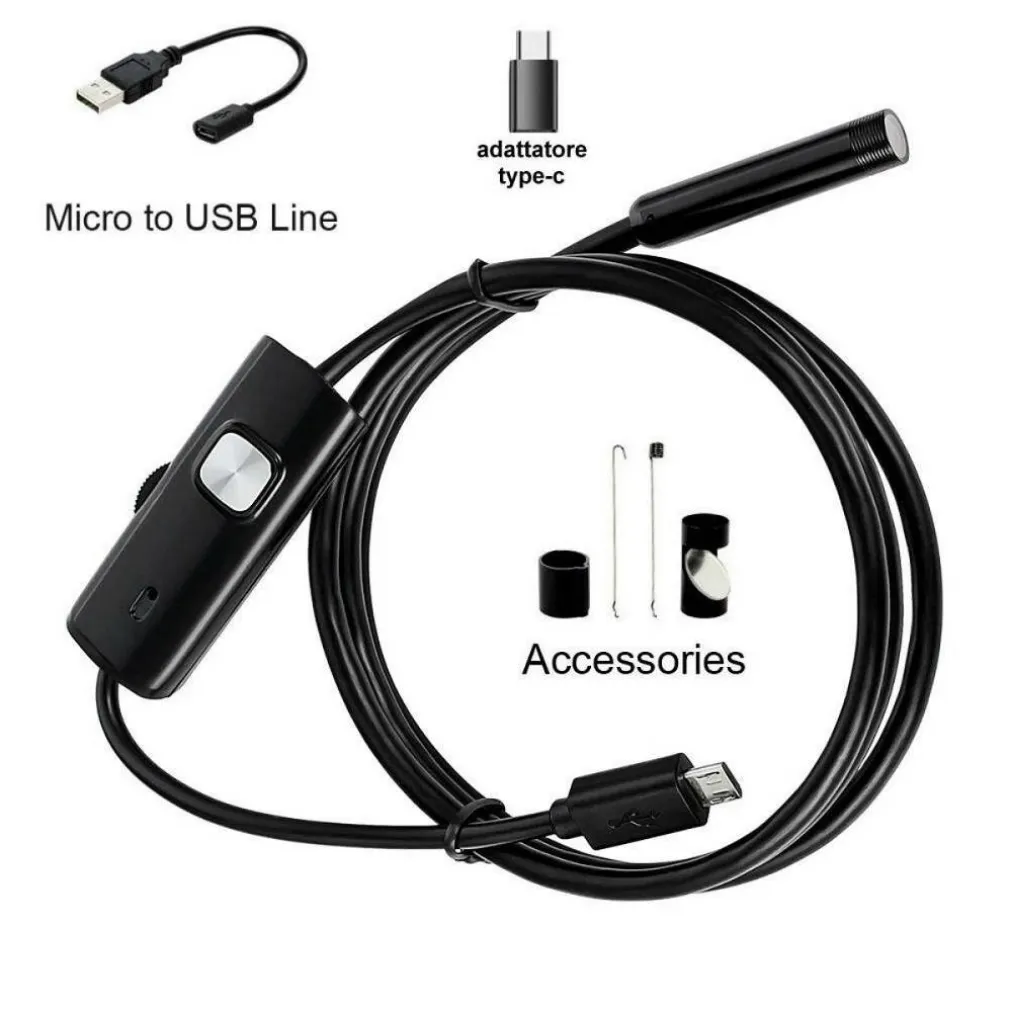 TELECAMERA ENDOSCOPICA 5 MT TYPE-C USB MINI USB F FLESSIBILE IMPERMEABILE 6 LED