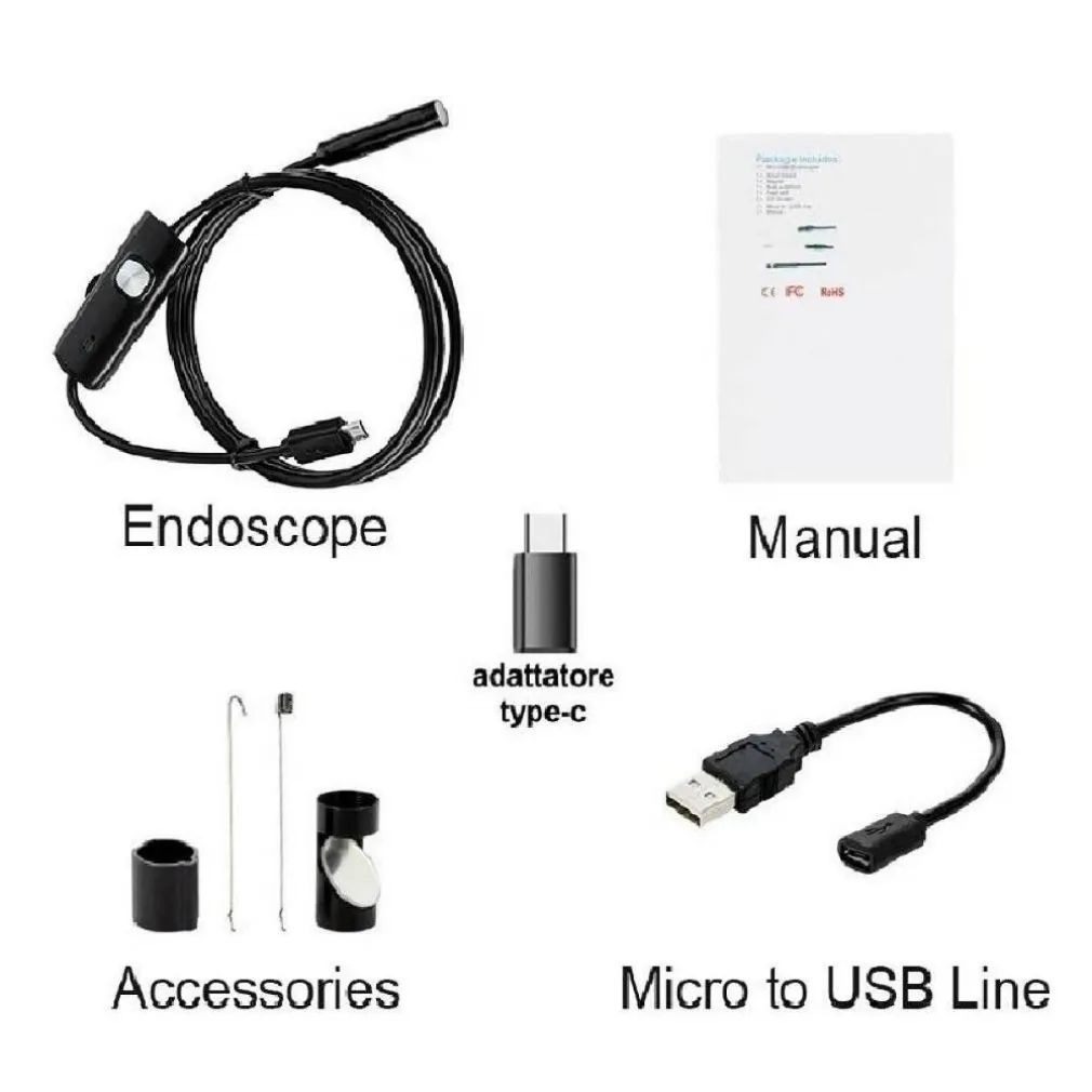 TELECAMERA ENDOSCOPICA 5 MT TYPE-C USB MINI USB F FLESSIBILE IMPERMEABILE 6 LED