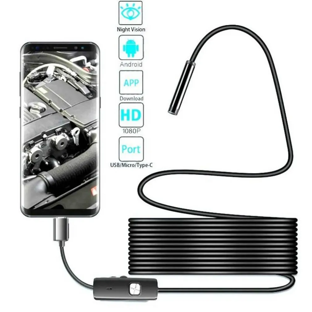 TELECAMERA ENDOSCOPICA 5 MT TYPE-C USB MINI USB F FLESSIBILE IMPERMEABILE 6 LED