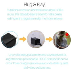 TELECAMERA NASCOSTA SPYCAM CARICATORE BATTERIA SMARTPHONE ADATTATORE USB 32GB HD