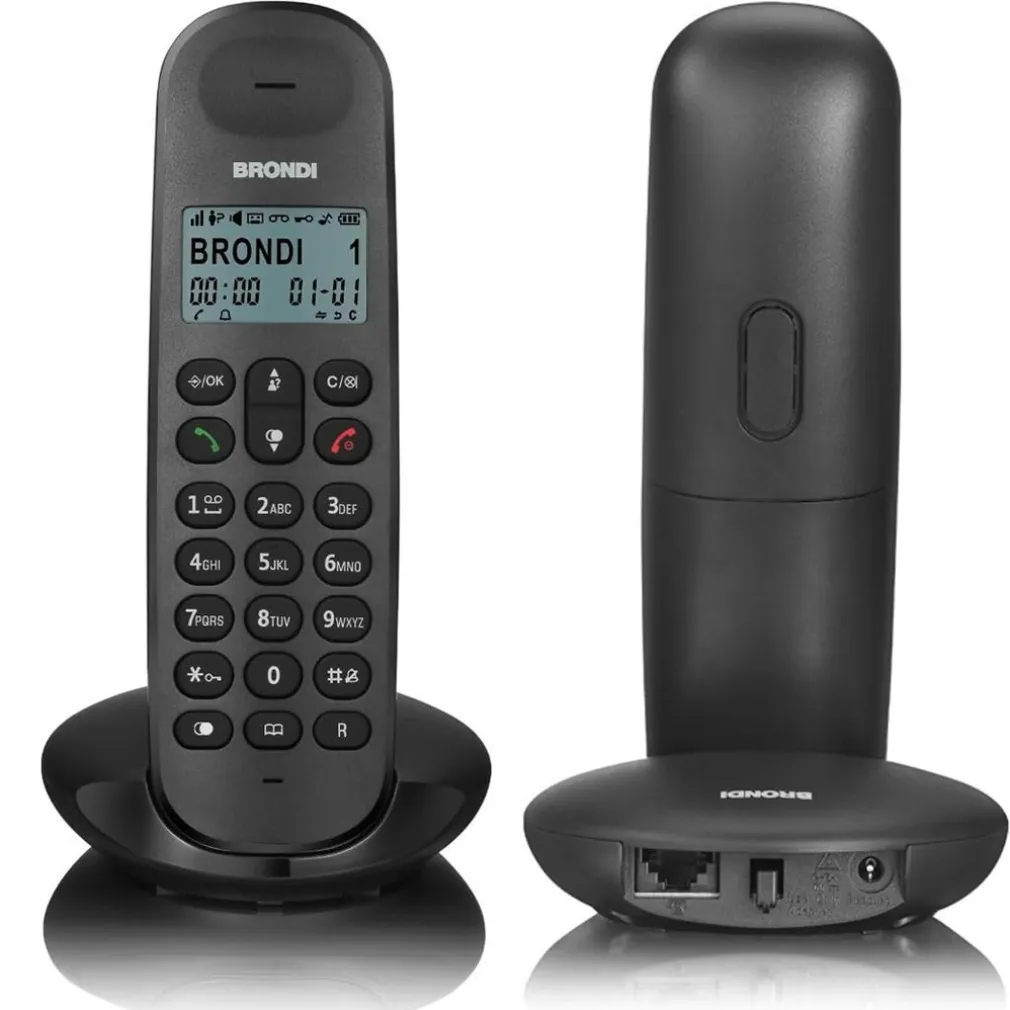 TELEFONO CORDLESS BRONDI LOTUS BIANCO NERO RETROILLUMINATO CON SVEGLIA VIVAVOCE