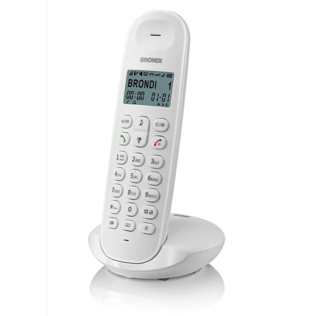 TELEFONO CORDLESS BRONDI LOTUS BIANCO NERO RETROILLUMINATO CON SVEGLIA VIVAVOCE