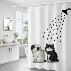 TENDA DOCCIA IMPERMEABILE 180X200 CM CON 12 ANELLI VASCA BAGNO CANE GATTO 87093