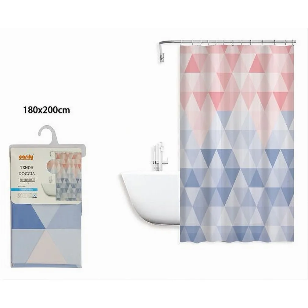 TENDA DOCCIA IMPERMEABILE BAGNO 12 ANELLI PEVA 180X200CM TRIANGOLO ROSA BLU 79220