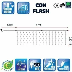 TENDA LUMINOSA NATALIZIA 90 LED LUCE BIANCO FREDDO 3 METRI ESTERNO LUCI CAVO 5MT