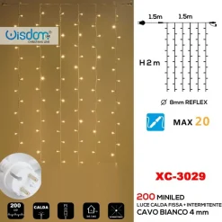 TENDA LUMINOSA NATALIZIA 200 LED LUCE CALDA FISSA + BIANCA INTERMITTENTE XC-3029