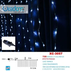 TENDA LUMINOSA NATALIZIA 720 MINI LED EFFETTO PIOGGIA LUCE BIANCA IP44 XC-3057