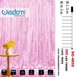 TENDA LUMINOSA NATALIZIA 300LED LUCE ROSA CAVO TRASPARENTE 8 GIOCHI LUCE XC-4832